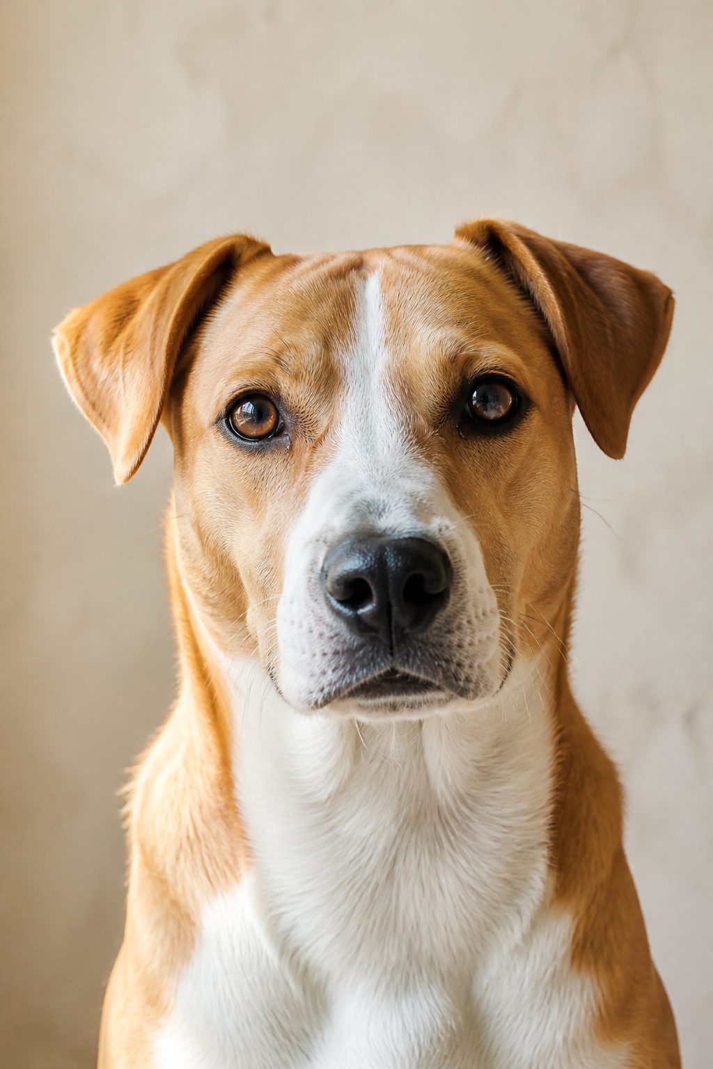 Portrait of a tan and white dog against a plain warm wall