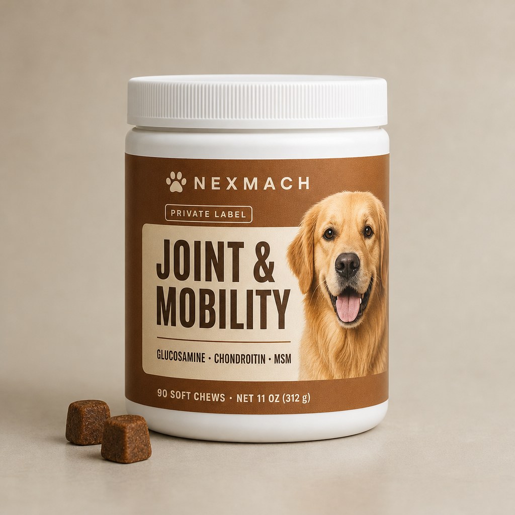 White jar of joint and mobility soft chews, copper label with a golden retriever printed on it