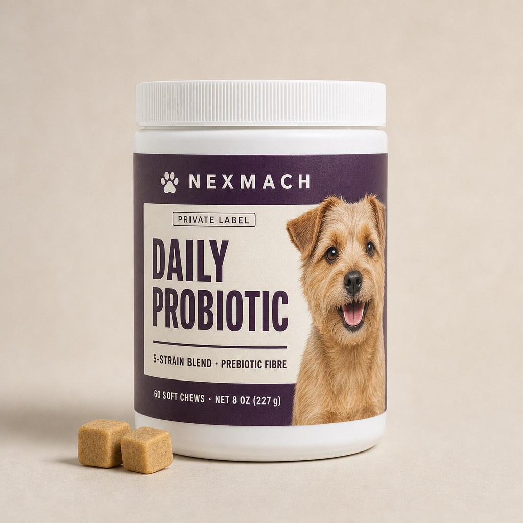 Tall white jar of daily probiotic soft chews, plum label with a tan terrier printed on it